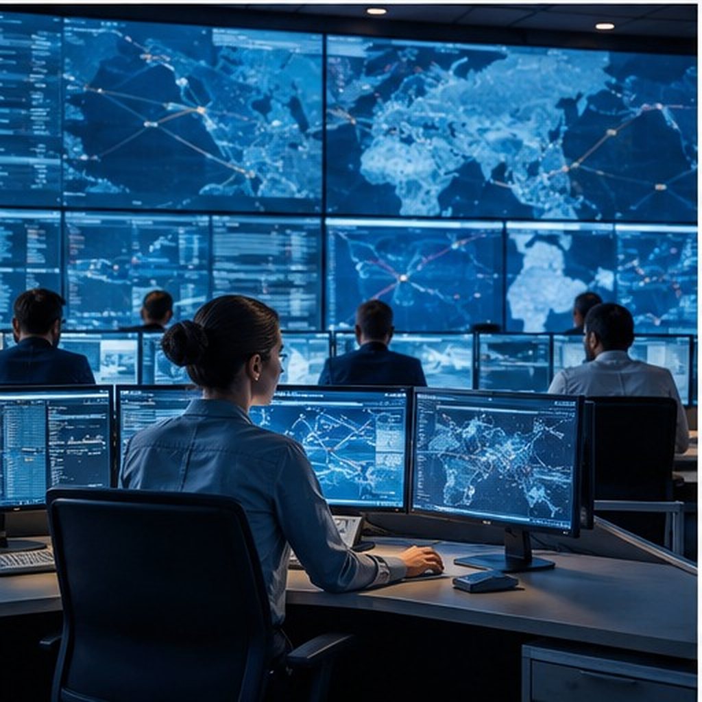 Centro de control con mapas de operaciones en pantalla