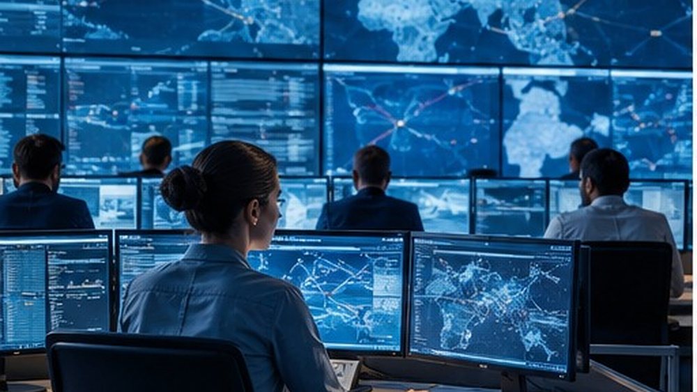 Centro de control con mapas de operaciones en pantalla