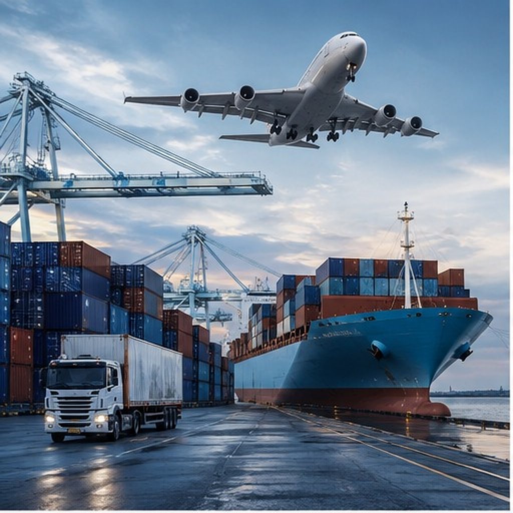 Terminal portuaria con contenedores, transporte terrestre y aeronave de carga