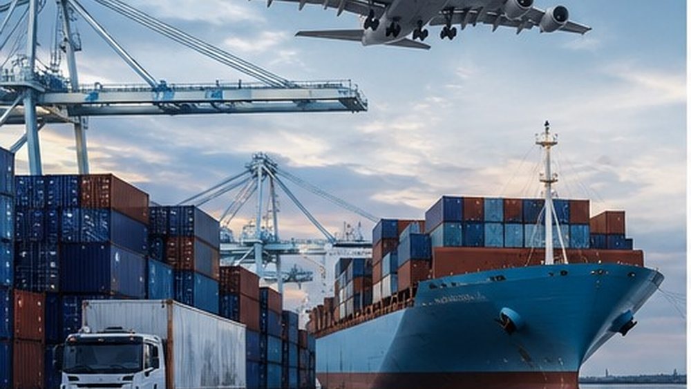 Terminal portuaria con contenedores, transporte terrestre y aeronave de carga