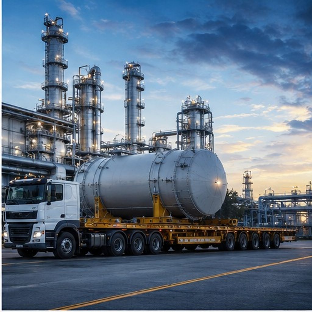 Transporte de equipo industrial sobredimensionado frente a una refinería