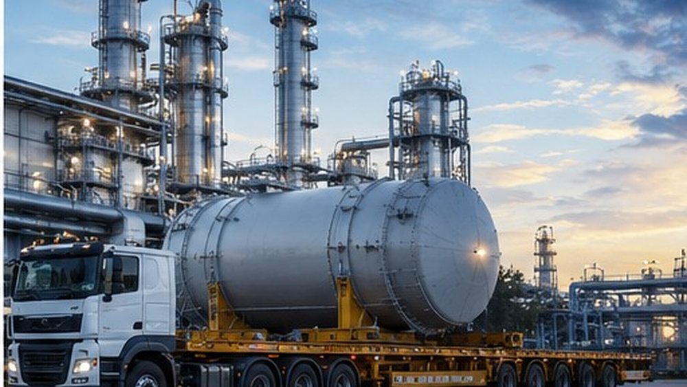 Transporte de equipo industrial sobredimensionado frente a una refinería