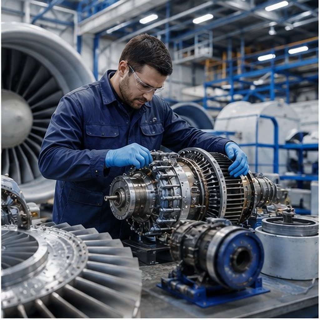 Técnico aeronáutico trabajando en un motor de turbina