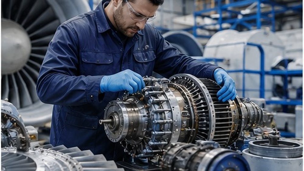 Técnico aeronáutico trabajando en un motor de turbina